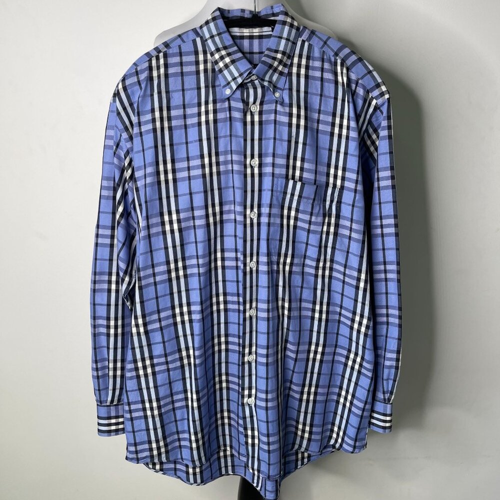 Burberry Blue and Black Plaid Casual Button Down Shirt